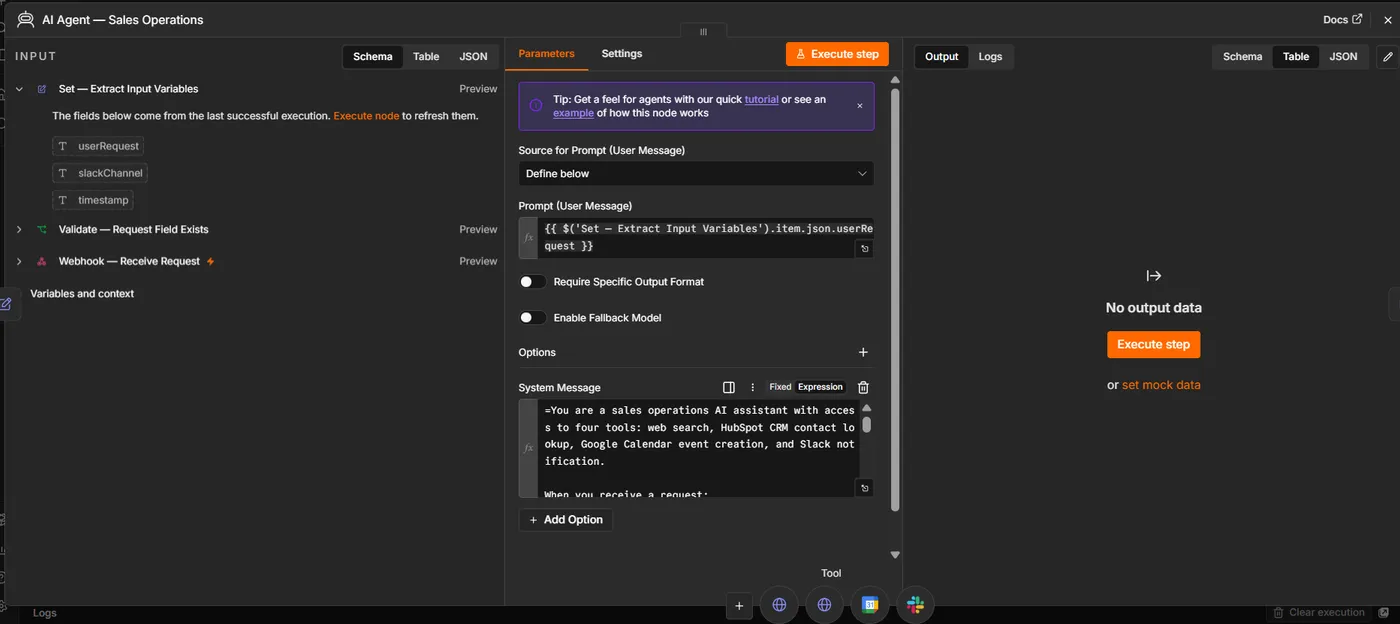 n8n Multi-Tool AI Agent — agent node config
