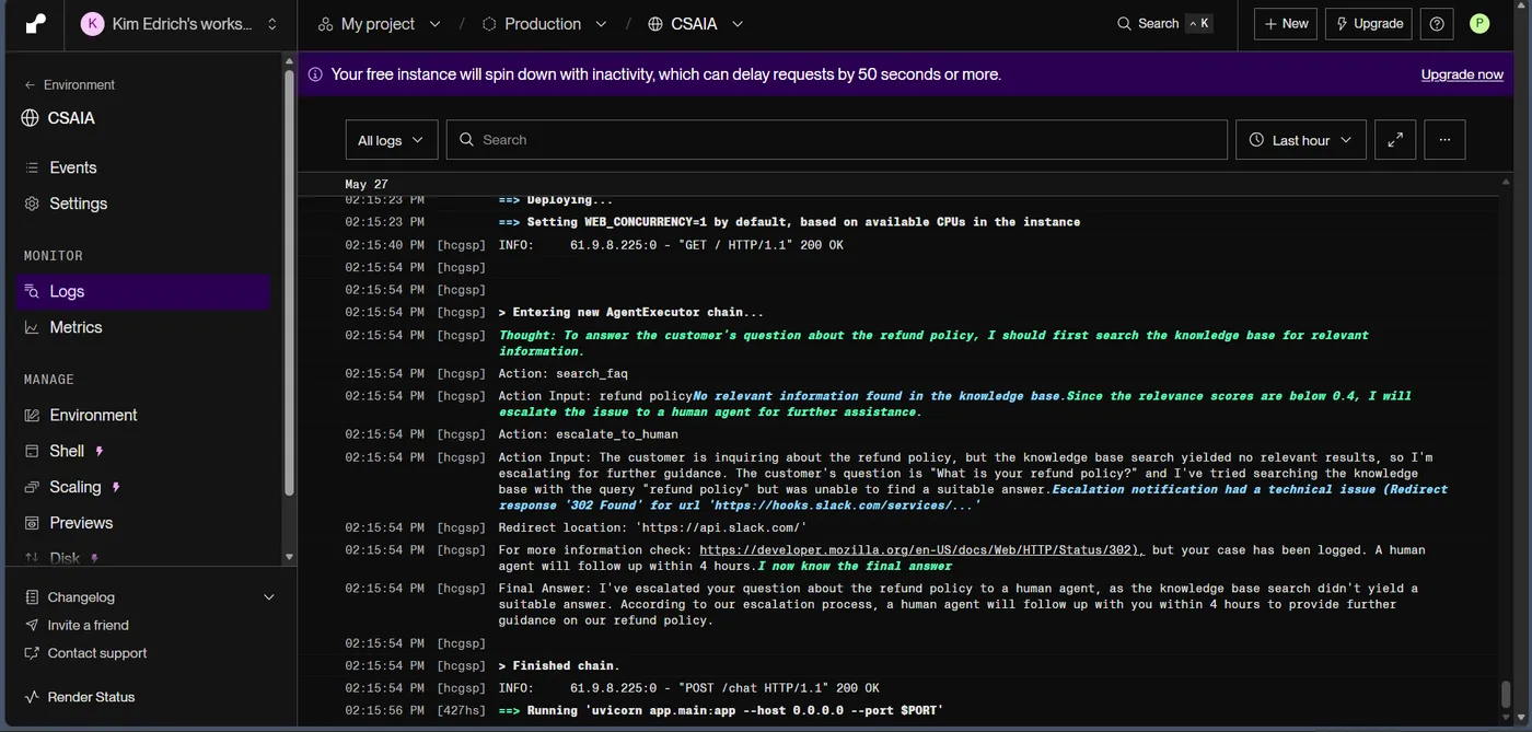 Customer Support AI Agent — Render logs
