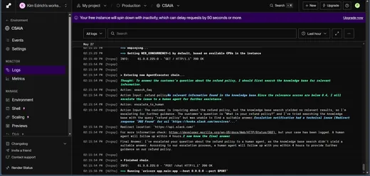 Customer Support AI Agent — Render logs