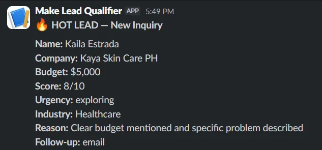 AI Lead Qualifier — hot-lead Slack alert
