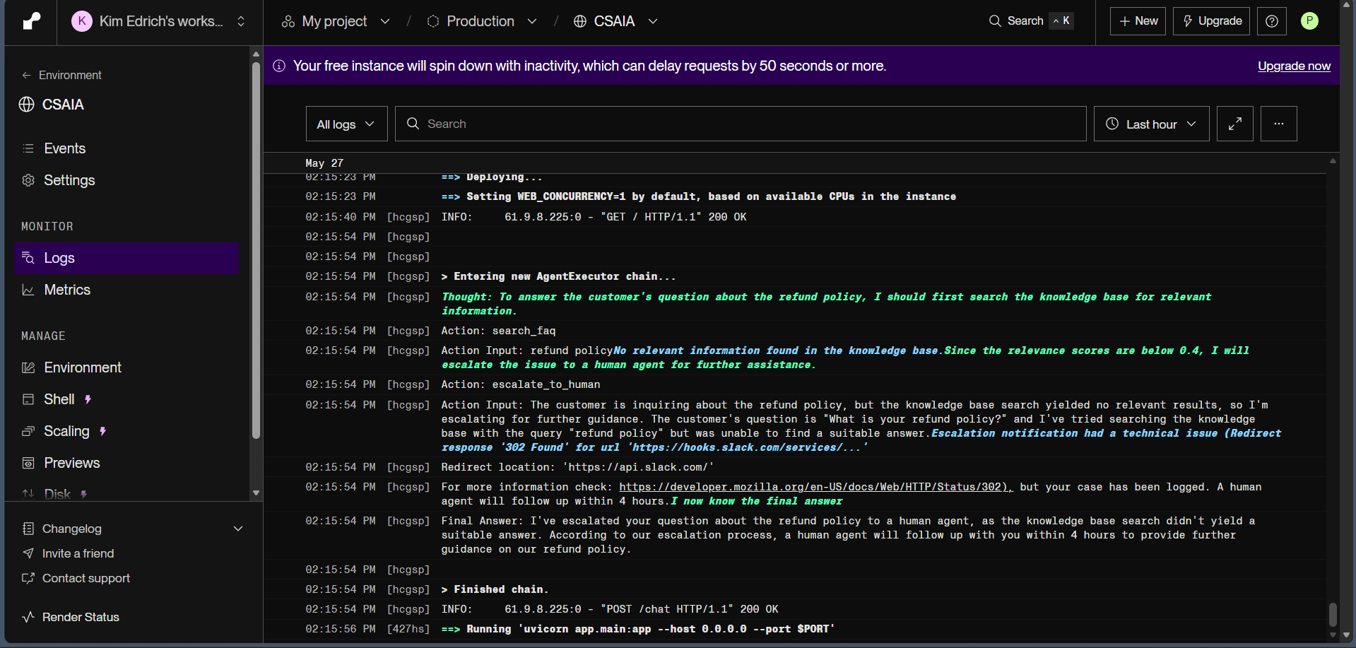 Render deployment logs — ReAct reasoning trace visible during a real request