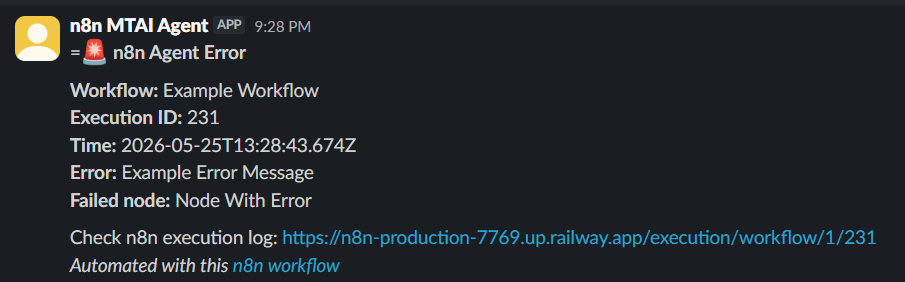 Error handler Slack alert — Workflow / Execution ID / Time / Error / Failed node fields