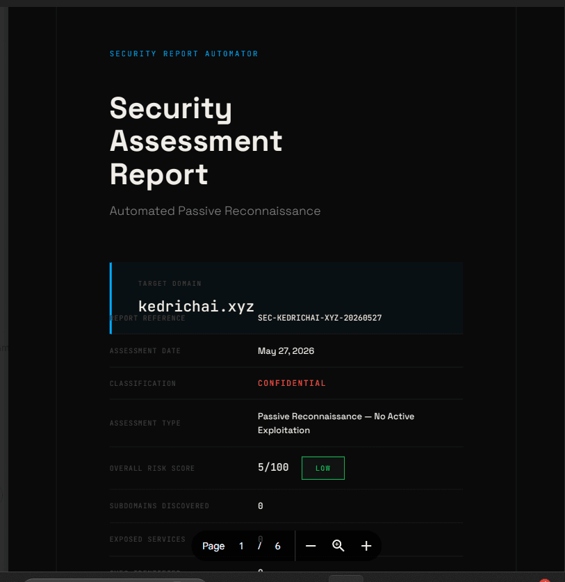 Generated PDF — branded cover page with domain, risk score, scan metadata, CONFIDENTIAL label